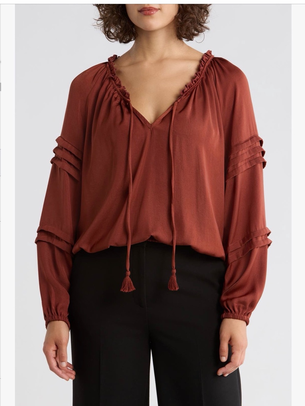 Nordstrom Rust Tassel-Trim V-Neck Peasant Blouse